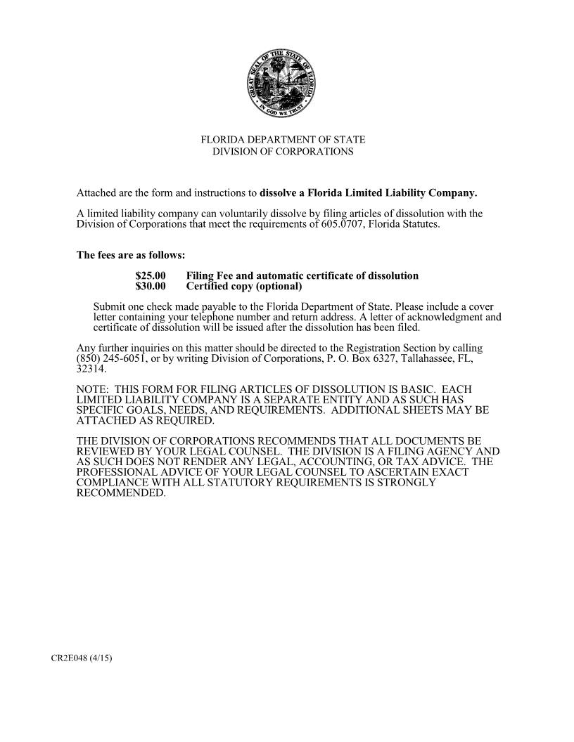 Articles Of Dissolution For A Florida Limited Liability Company {CR2E048} | Pdf Fpdf Doc Docx | Florida