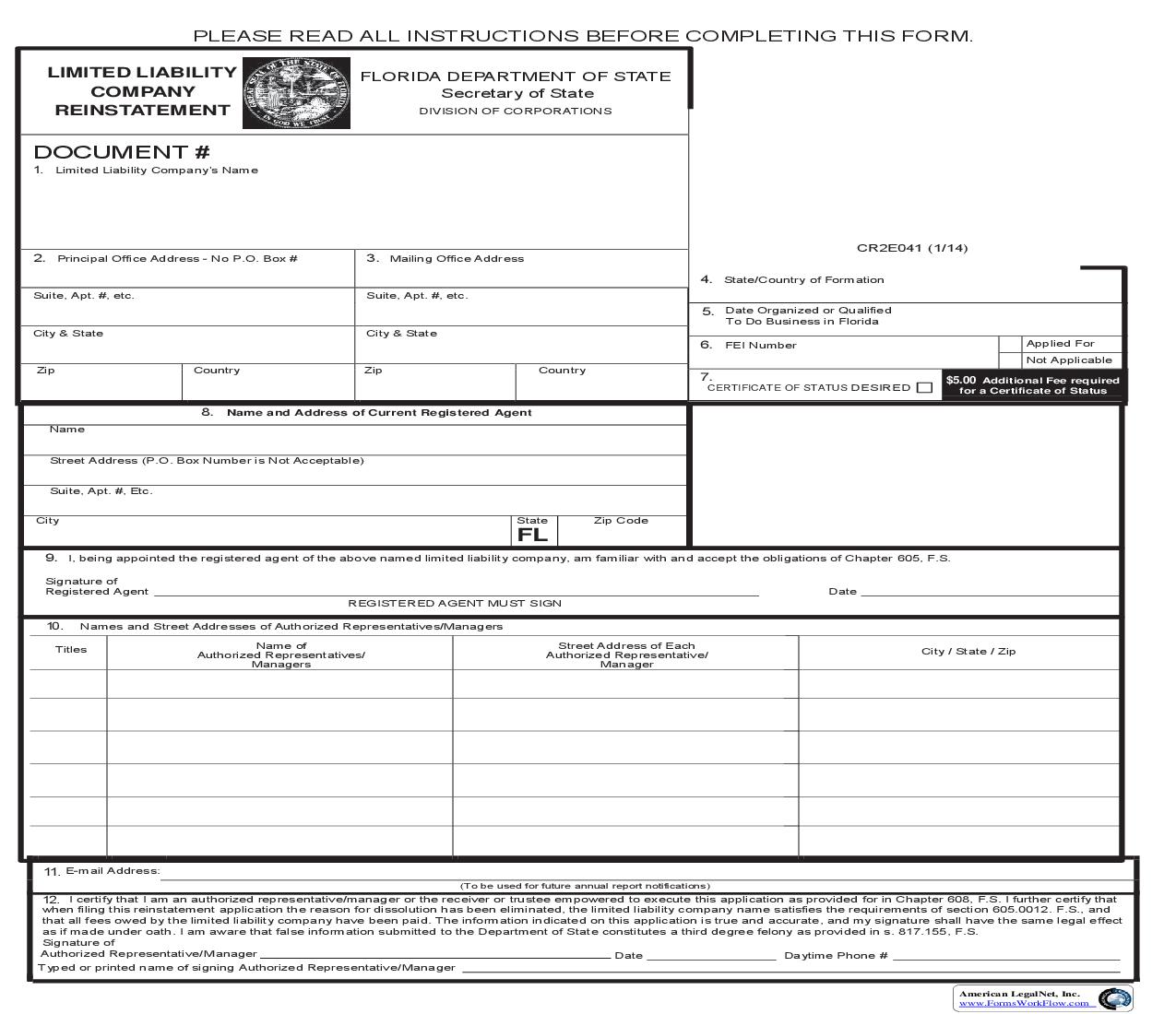 Limited Liability Company Reinstatement {CR2E041} | Pdf Fpdf Doc Docx | Florida