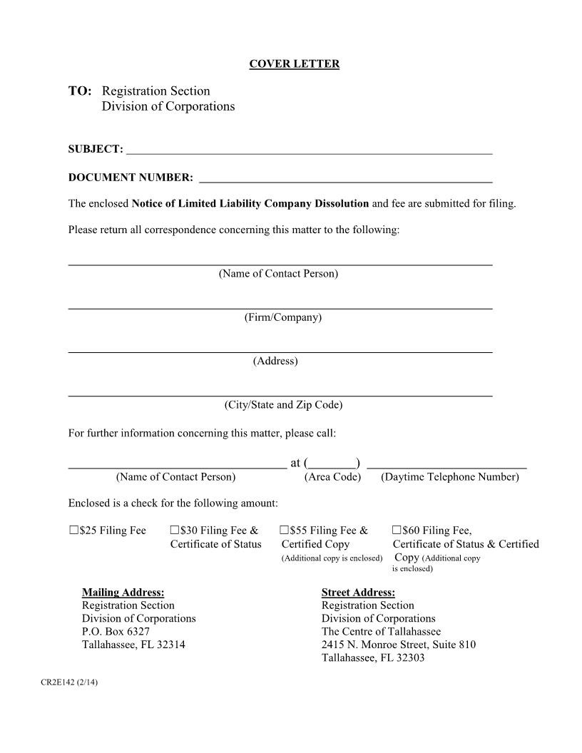 Notice Of Limited Liability Company Dissolution {CR2E142} | Pdf Fpdf Doc Docx | Florida