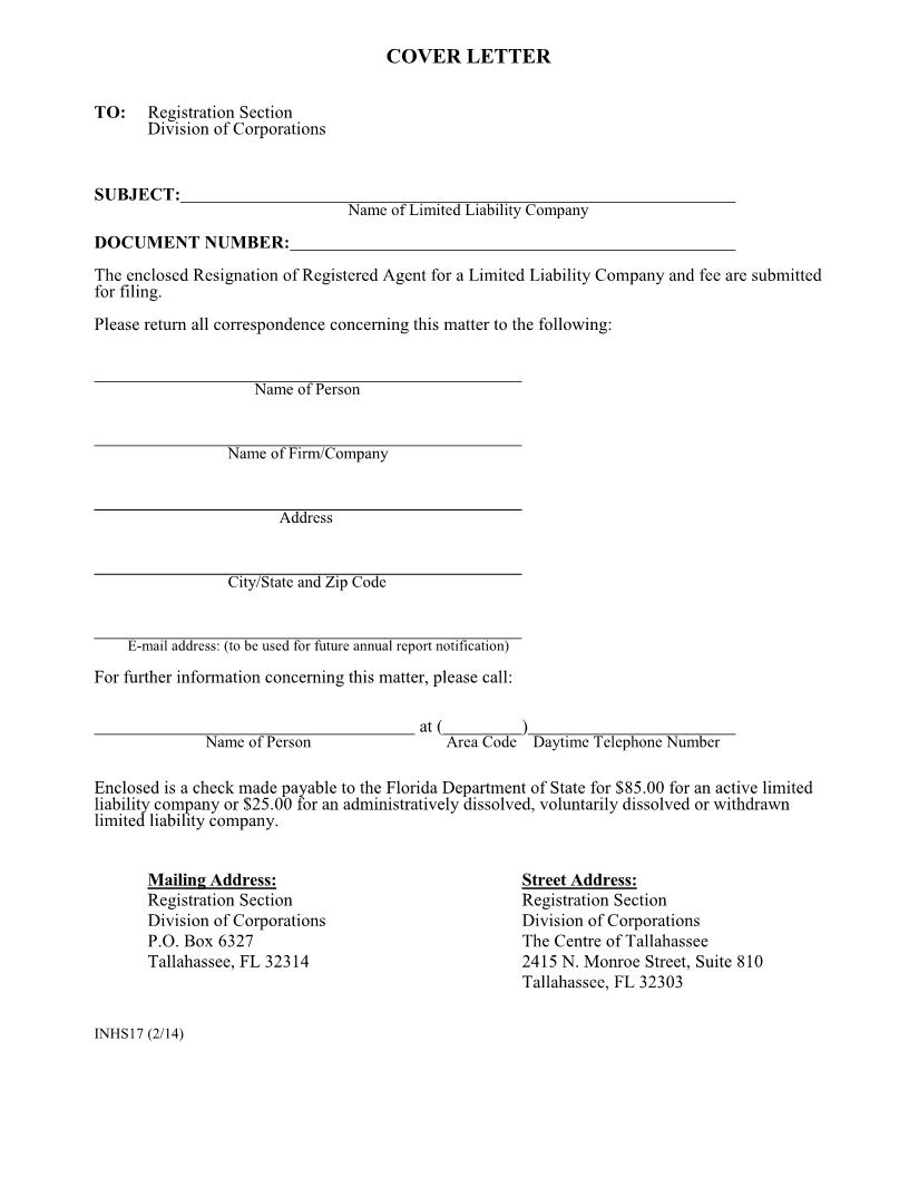 Resignation Of Registered Agent For A Limited Liability Company {INHS17} | Pdf Fpdf Doc Docx | Florida