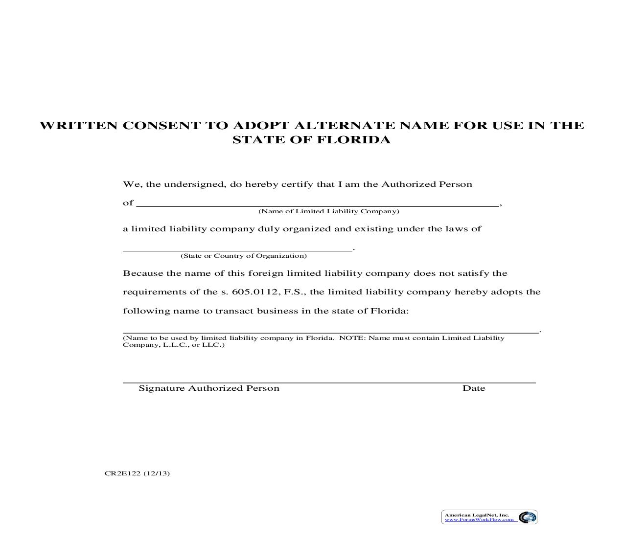 Written Consent To Adopt Alternate Name For Use In State Of Florida {CR2E122} | Pdf Fpdf Doc Docx | Florida