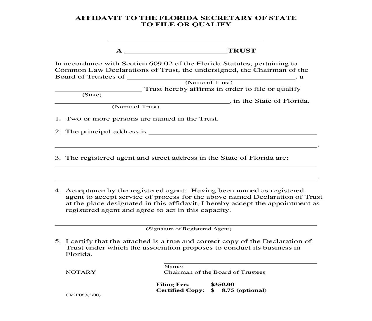 Affidavit To The Florida Secretary Of State To File Or Qualify {CR2E063} | Pdf Fpdf Doc Docx | Florida