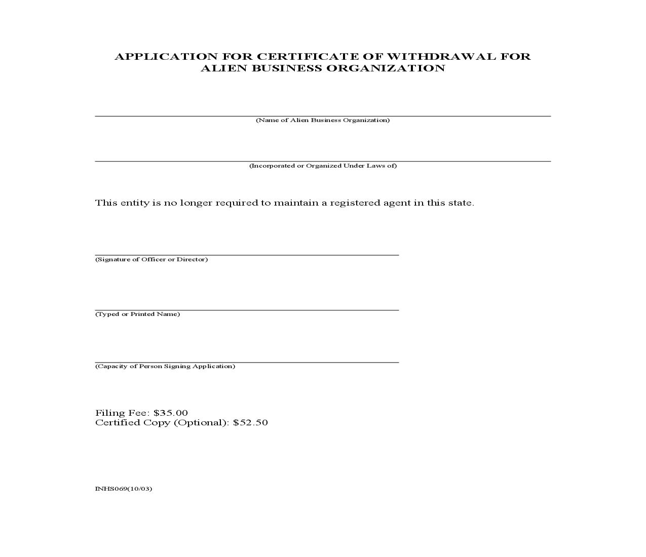 Application For Certificate Of Withdrawal For Alien Business Organization {INHS69} | Pdf Fpdf Doc Docx | Florida