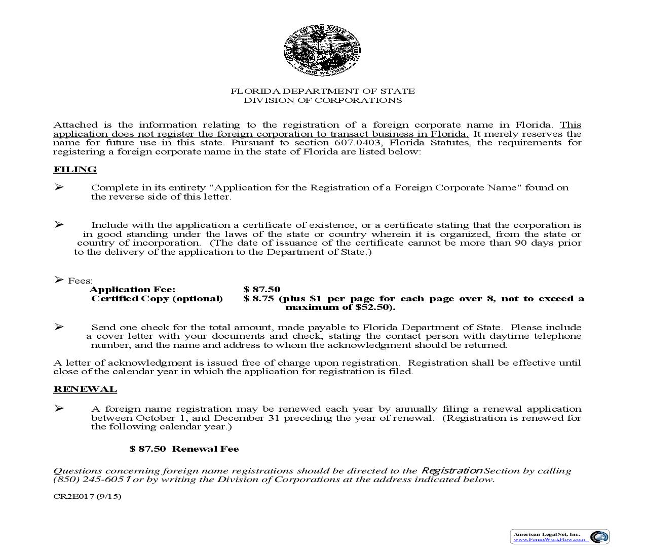 Application For The Registration Of A Foreign Corporate Name {CR2E017} | Pdf Fpdf Doc Docx | Florida