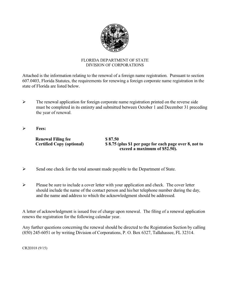 Renewal Application For A Foreign Name Registration For Foreign Profit Corporation {CR2E018} | Pdf Fpdf Doc Docx | Florida