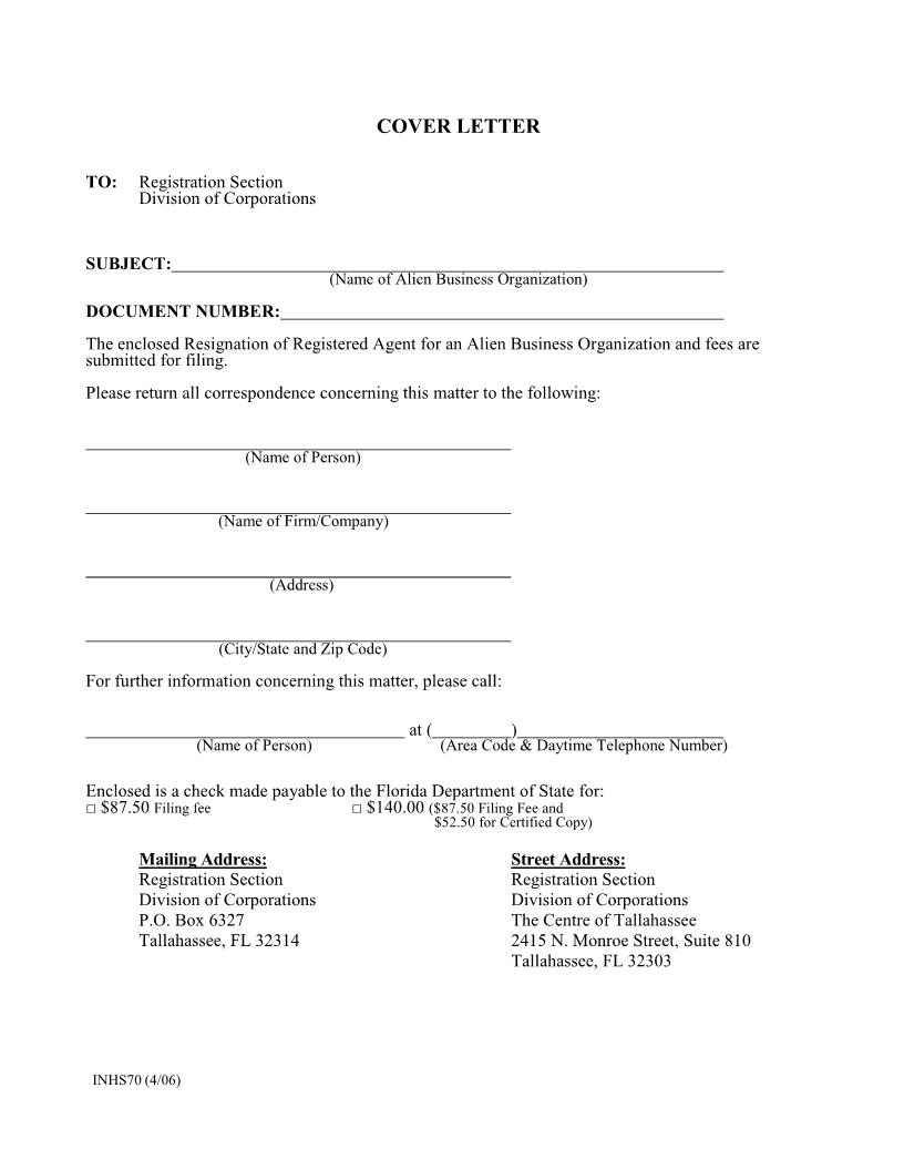 Resignation Of Registered Agent For An Alien Business Organization {INHS70} | Pdf Fpdf Doc Docx | Florida