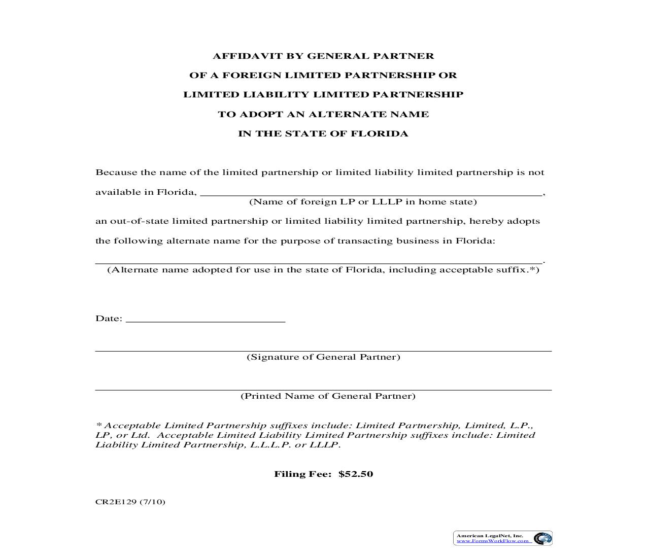 Affidavit By General Partner Of Foreign LP Or LLLP To Adopt Alternate Name {CR2E129} | Pdf Fpdf Doc Docx | Florida