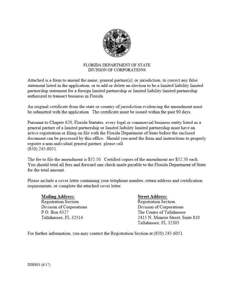 Amendment To Certificate Of Authority For Foreign LP Or LLLP {INHS03} | Pdf Fpdf Docx | Florida