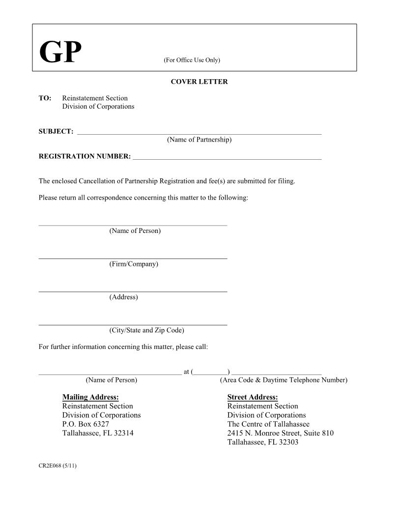 Cancellation Of Partnership Registration {CR2E068} | Pdf Fpdf Doc Docx | Florida