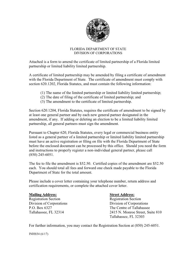 Certificate Of Amendment To Certificate Of Limited Partnership {INHS54} | Pdf Fpdf Doc Docx | Florida