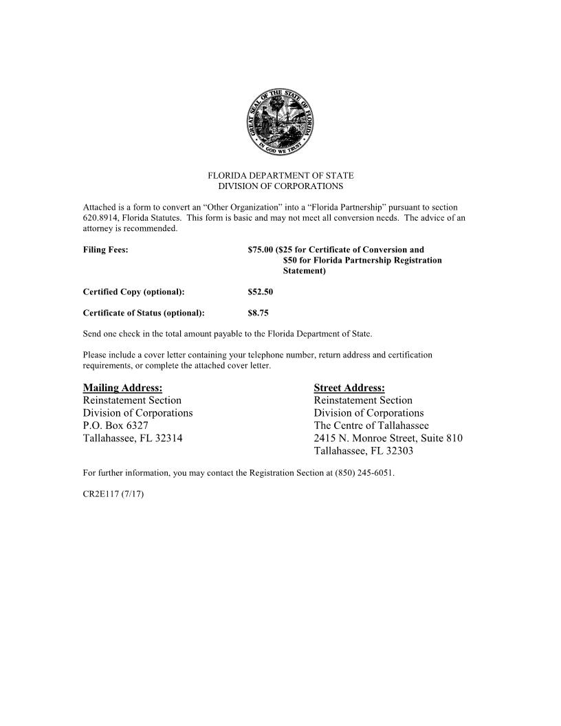 Certificate Of Conversion For Other Organization Into Florida Partnership {CR2E117} | Pdf Fpdf Doc Docx | Florida