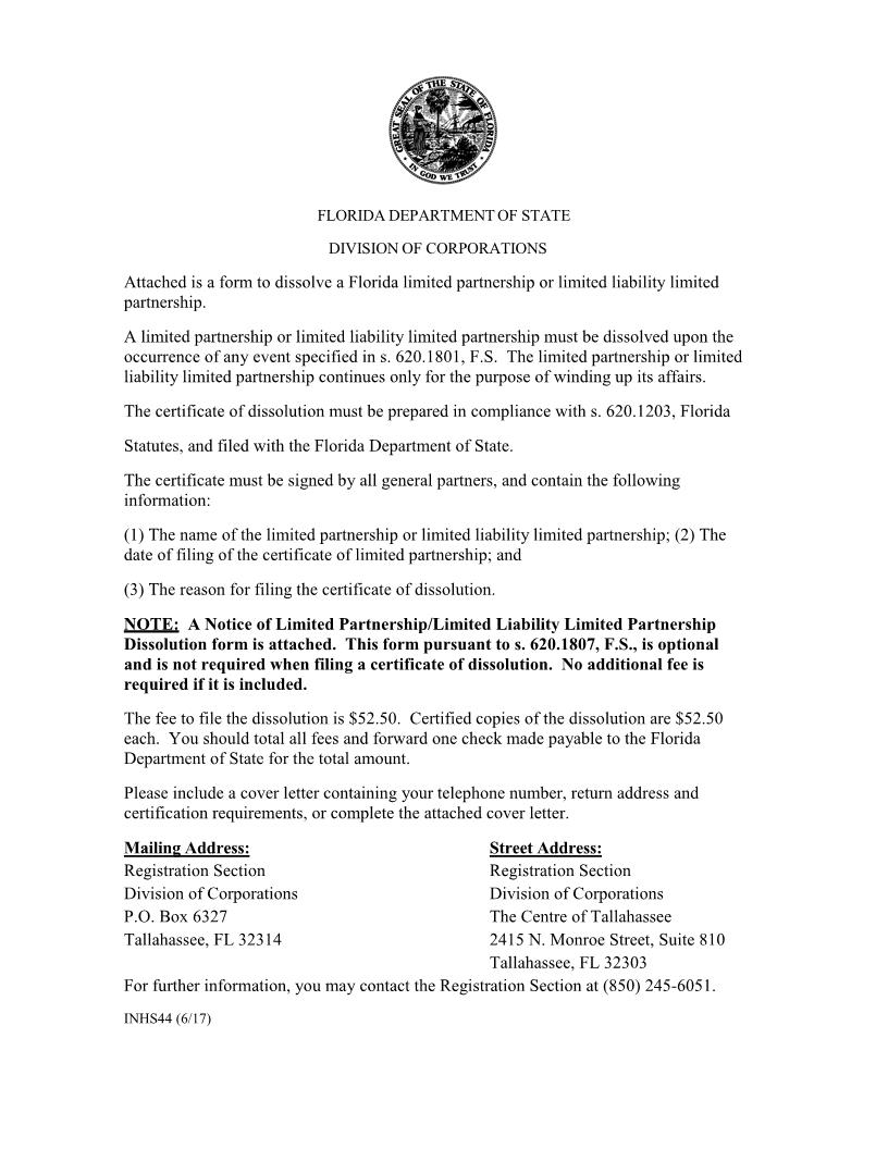 Certificate Of Dissolution Limited Partnership {INHS44} | Pdf Fpdf Doc Docx | Florida