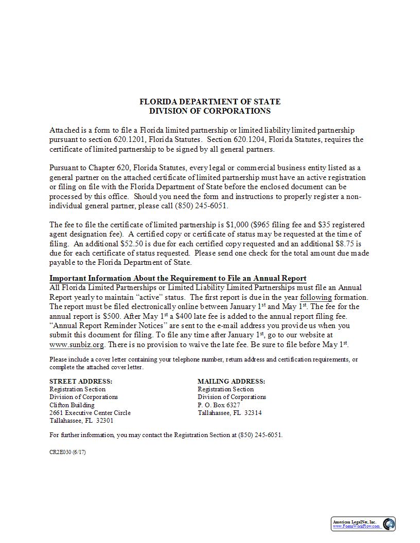 Certificate Of Limited Partnership {CR2E030} | Pdf Fpdf Docx | Florida