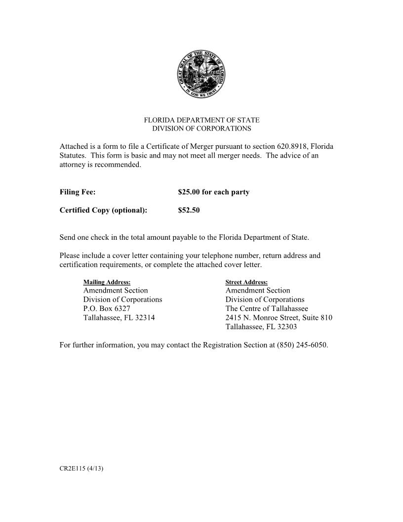 Certificate Of Merger For Florida Partnership {CR2E115} | Pdf Fpdf Doc Docx | Florida