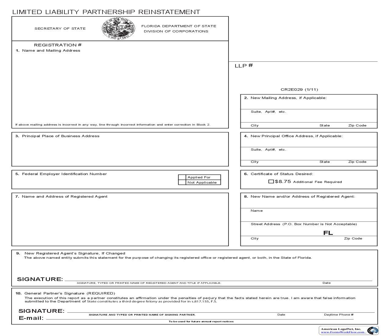Limited Liability Partnership Reinstatement {CR2E029} | Pdf Fpdf Doc Docx | Florida