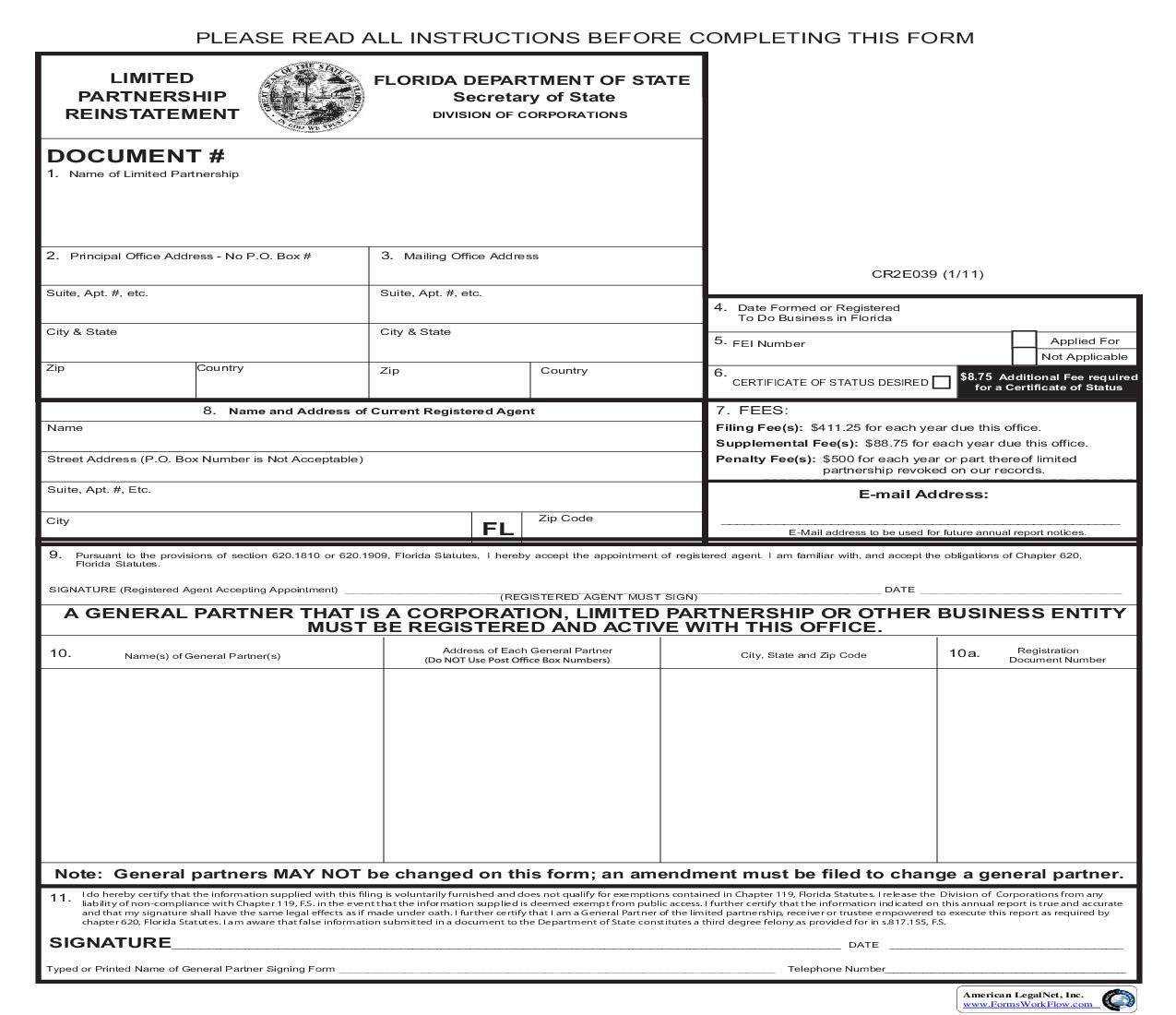 Limited Partnership Reinstatement {CR2E039} | Pdf Fpdf Doc Docx | Florida