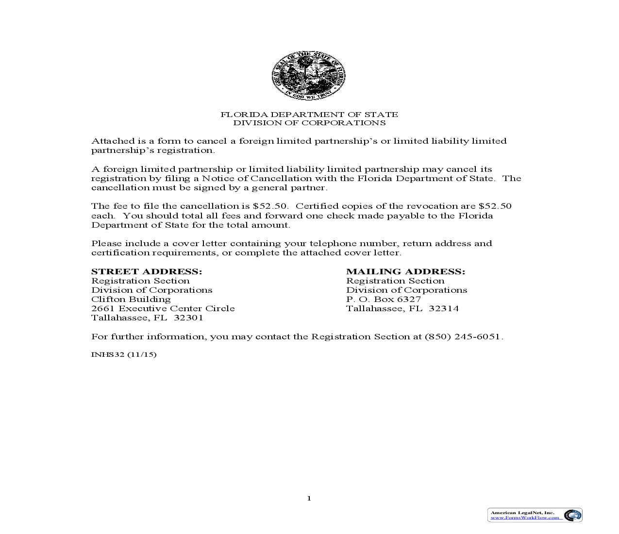 Notice Of Cancellation For Foreign LP Or LLLP {INHS32} | Pdf Fpdf Doc Docx | Florida