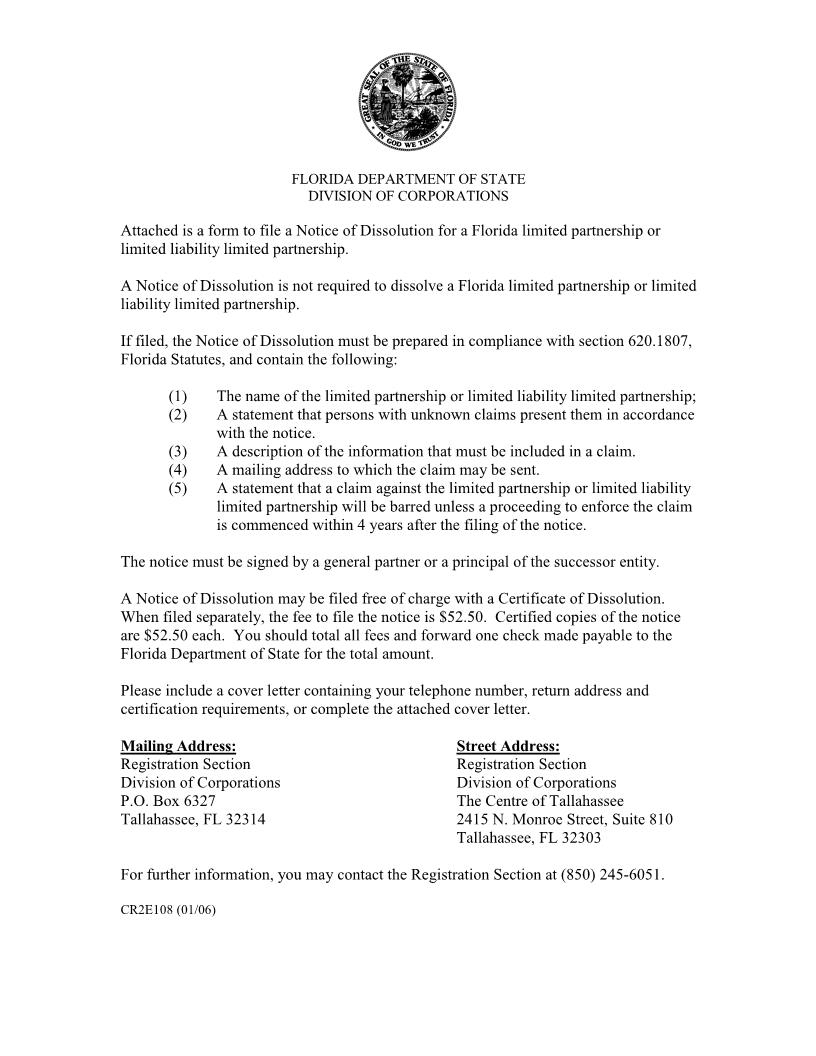 Notice Of Dissolution {CR2E108} | Pdf Fpdf Doc Docx | Florida