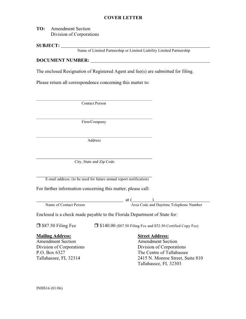 Resignation Of Registered Agent For A Limited Partnership {INHS16} | Pdf Fpdf Doc Docx | Florida