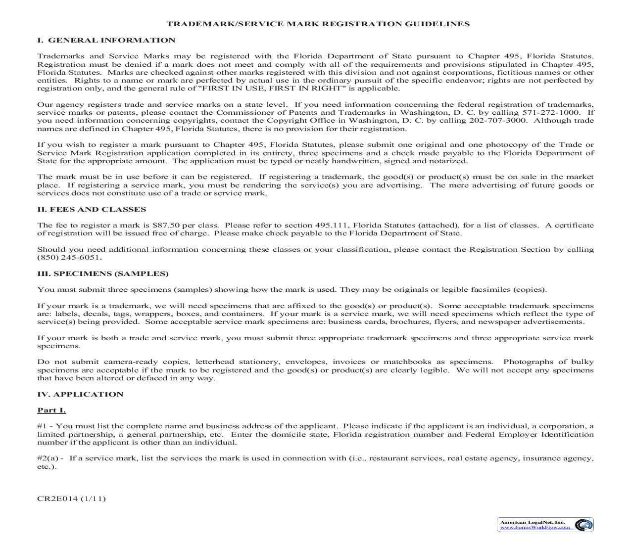 Application For Registration Of Trademark Or Service Mark {CR2E014} | Pdf Fpdf Doc Docx | Florida