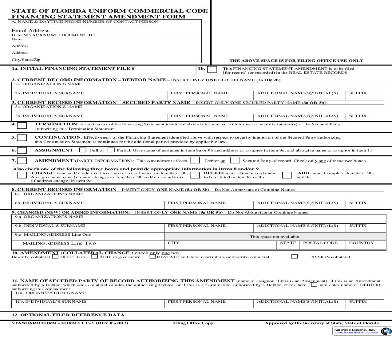 State Of Florida UCC Financing Statement Amendment Form {UCC-3} | Pdf Fpdf Doc Docx | Florida