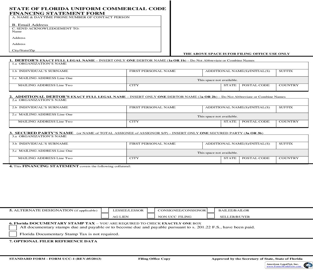 State Of Florida UCC Financing Statement Form {UCC-1} | Pdf Fpdf Doc Docx | Florida