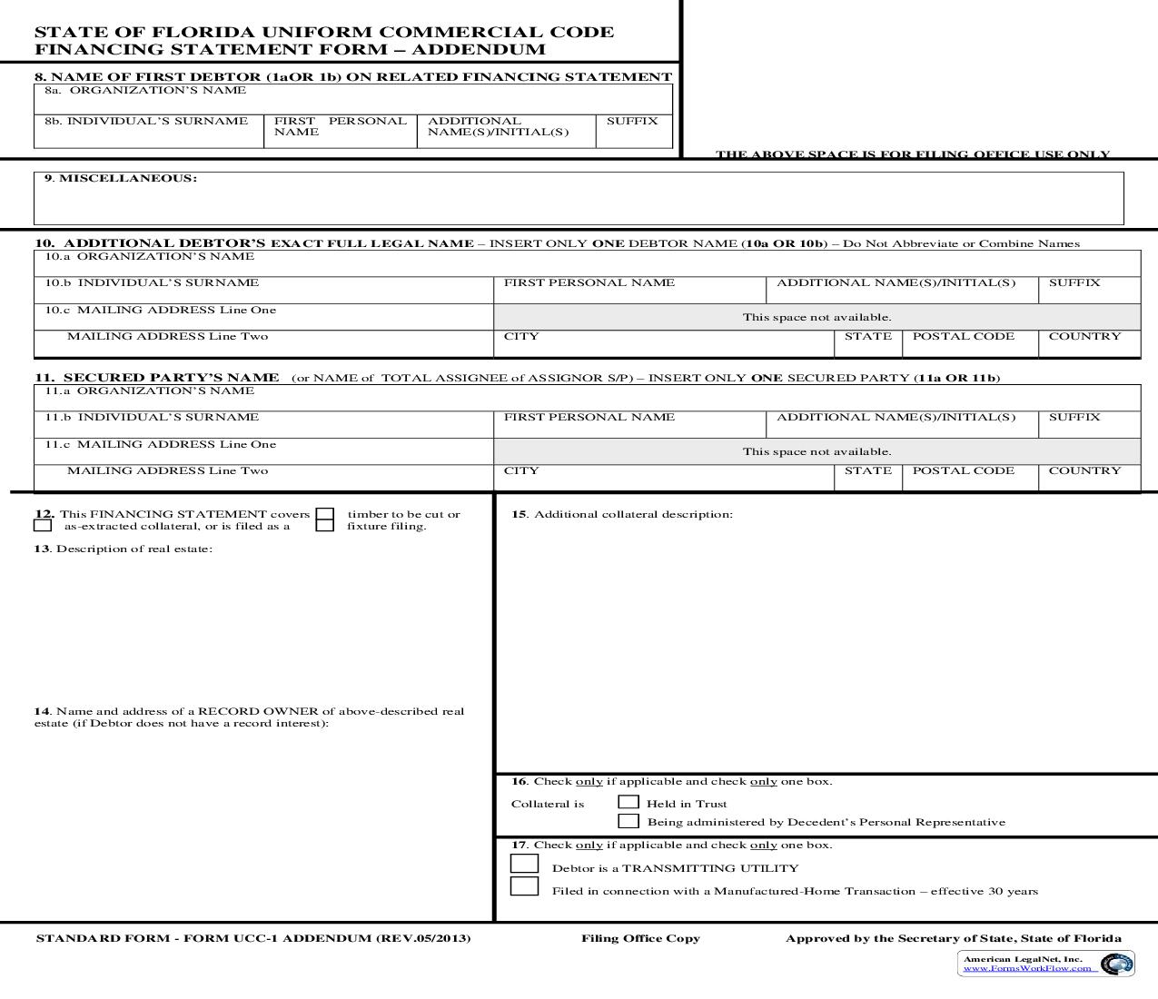 State Of Florida UCC Financing Statement Form - Addendum {UCC-1 Addendum} | Pdf Fpdf Doc Docx | Florida