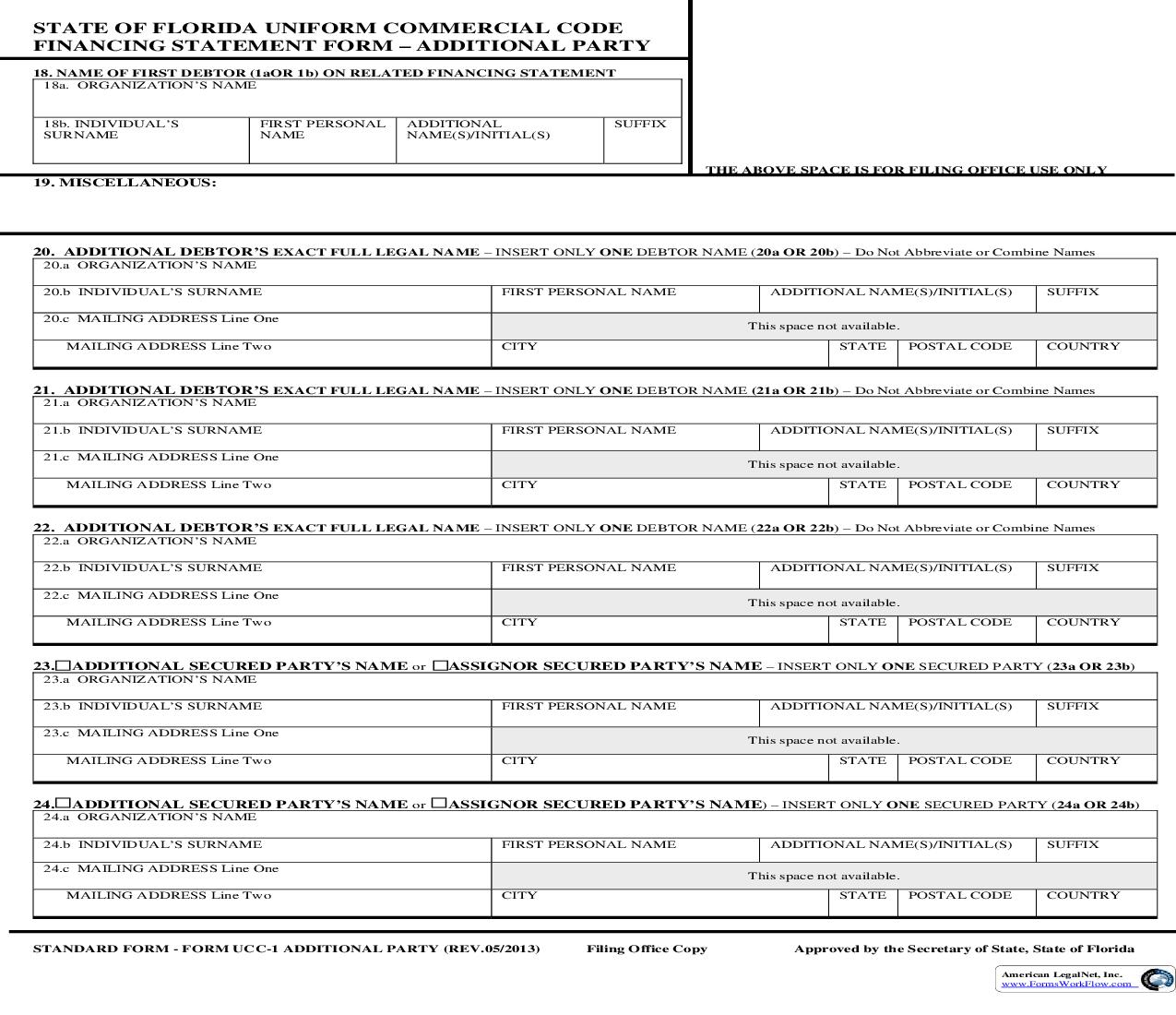 State Of Florida UCC Financing Statement Form - Additional Party {UCC-1 Additional Party} | Pdf Fpdf Doc Docx | Florida