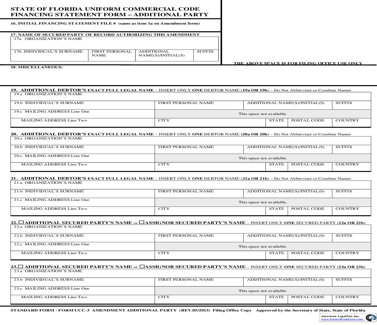 State Of Florida UCC Financing Statement Form - Additional Party {UCC-3 Amendment Additional Party} | Pdf Fpdf Doc Docx | Florida