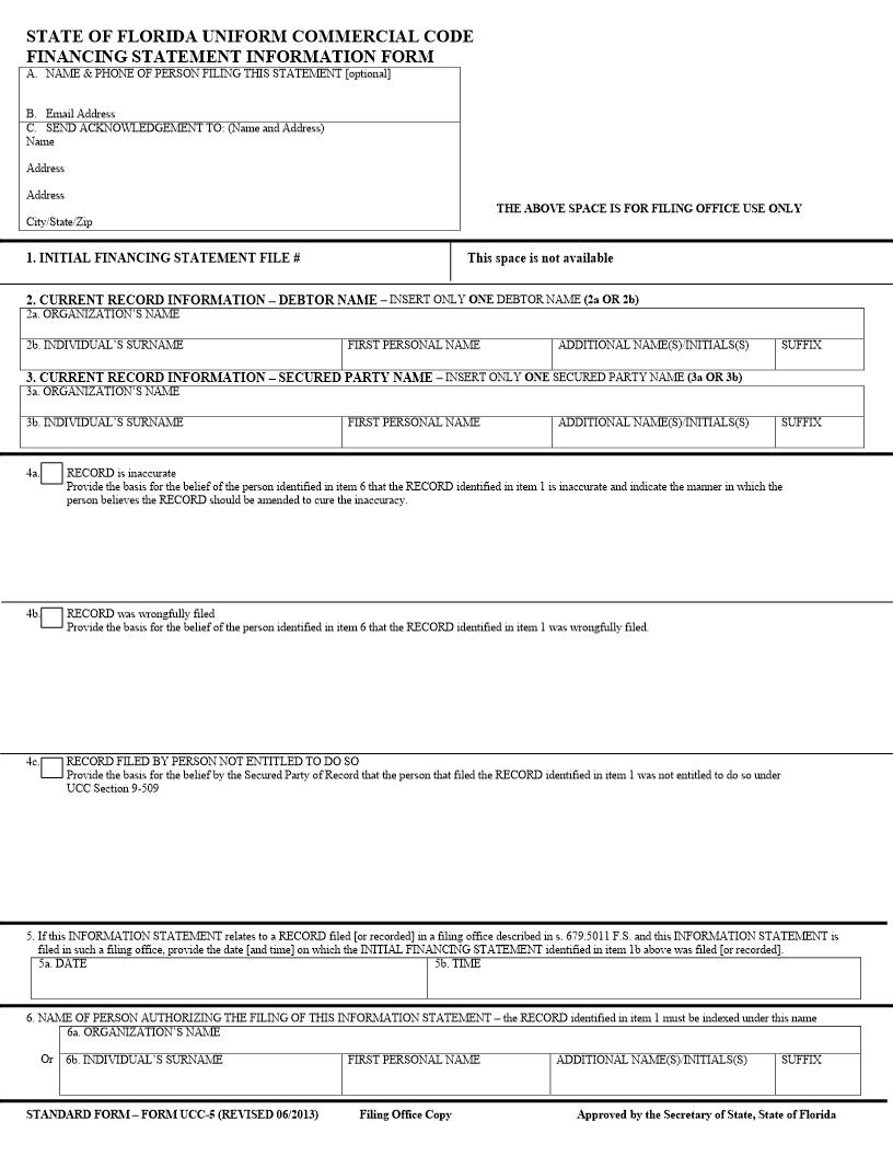 State Of Florida UCC Financing Statement Information Form {UCC-5} | Pdf Fpdf Docx | Florida