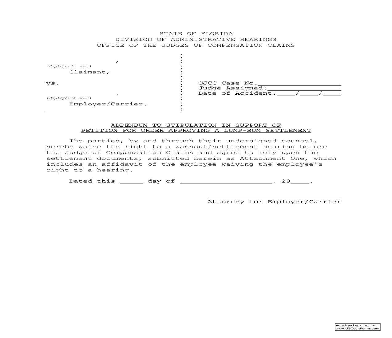 Addendum To Stipulation In Support Of Petition For Order Approving A Lump-Sum Settlement | Pdf Fpdf Doc Docx | Florida