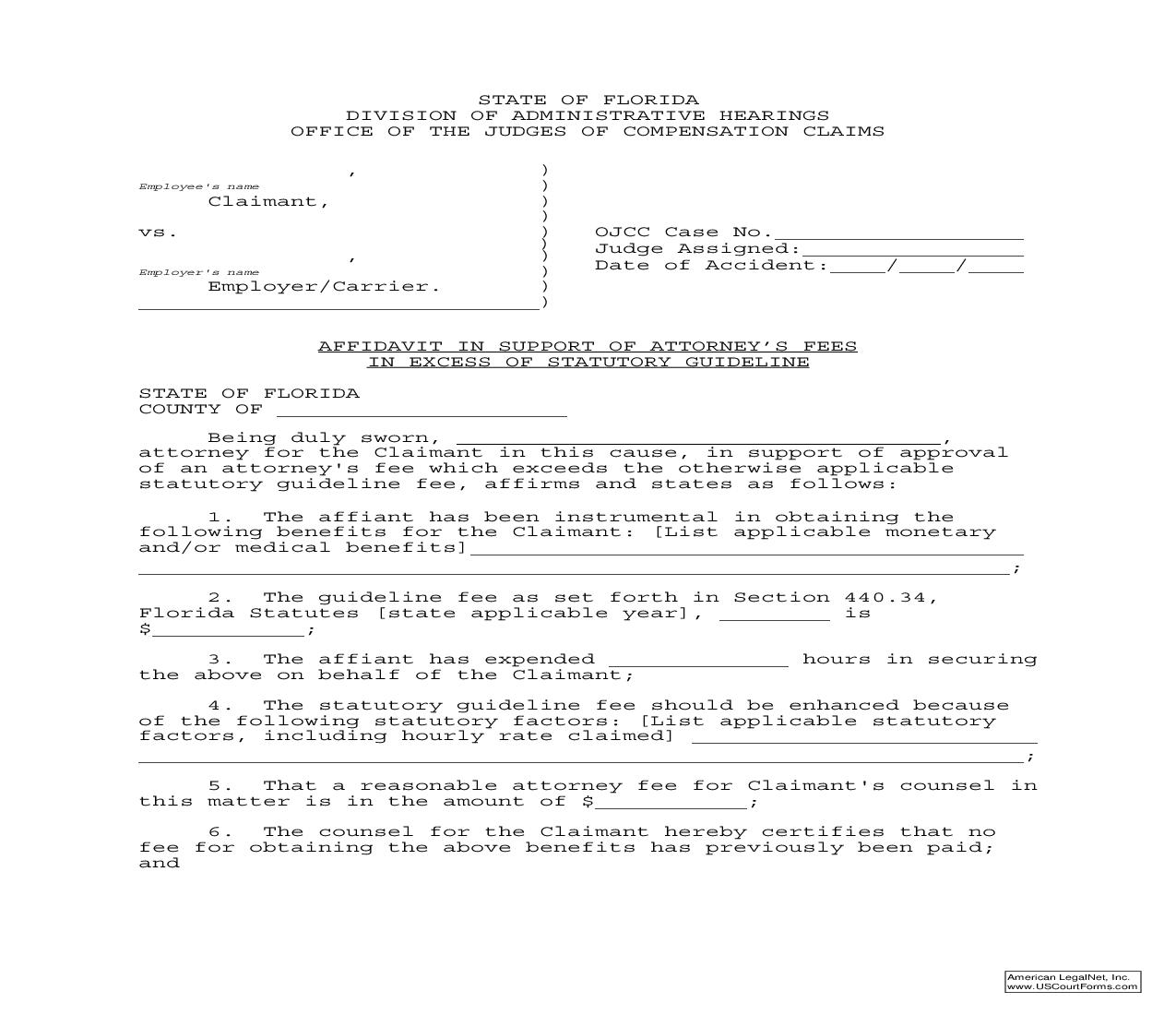 Affidavit In Support Of Attorneys Fees In Excess Of Statutory Guideline | Pdf Fpdf Doc Docx | Florida