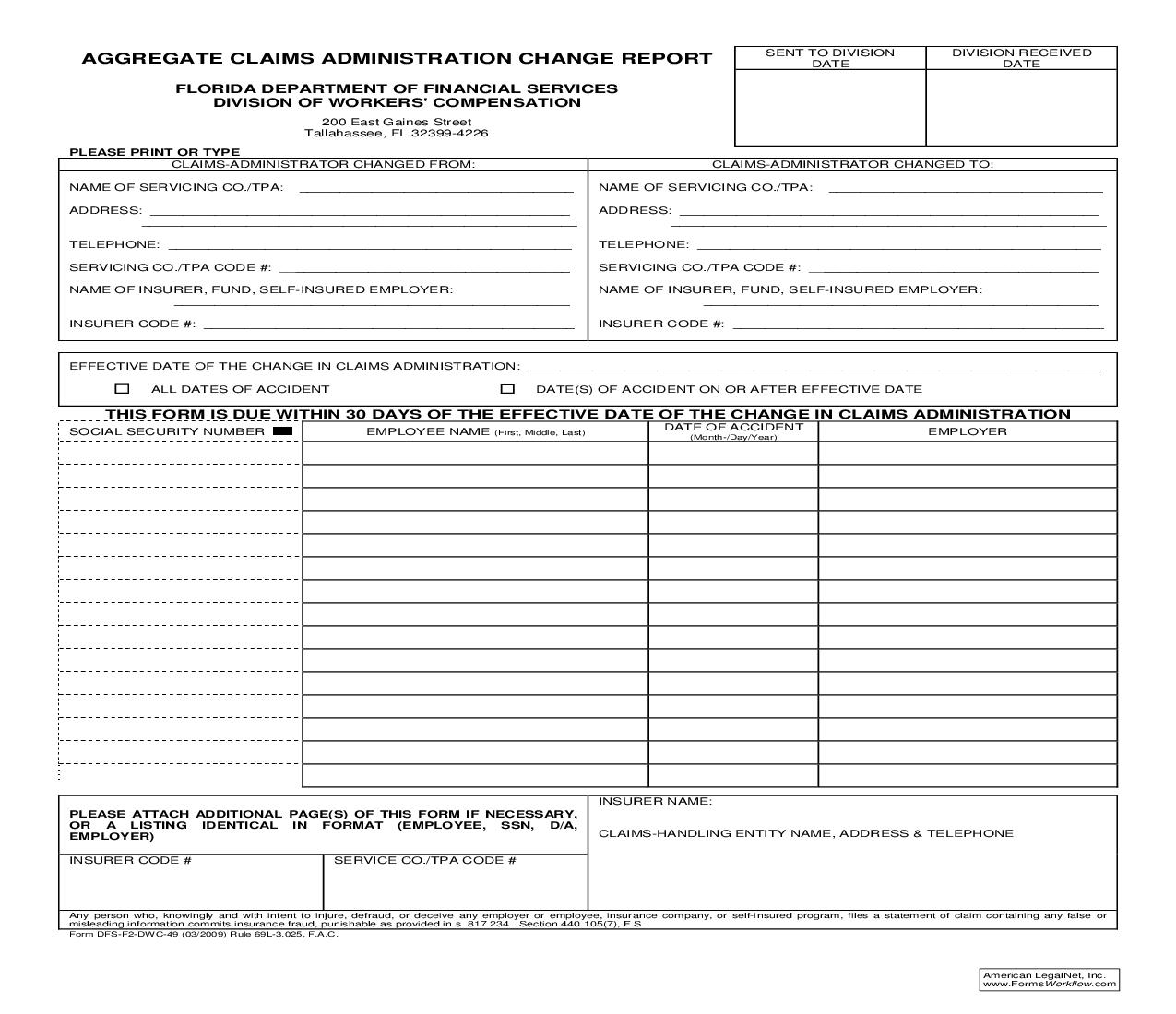 Aggregate Claims Administration Change Report {DWC-49} | Pdf Fpdf Doc Docx | Florida