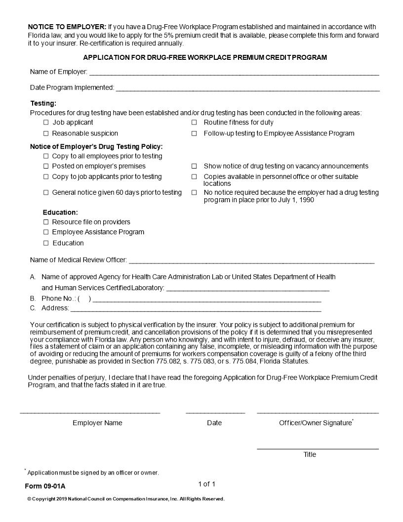 Application For Drug-Free Workplace Premium Credit Program {09-1} | Pdf Fpdf Doc Docx | Florida
