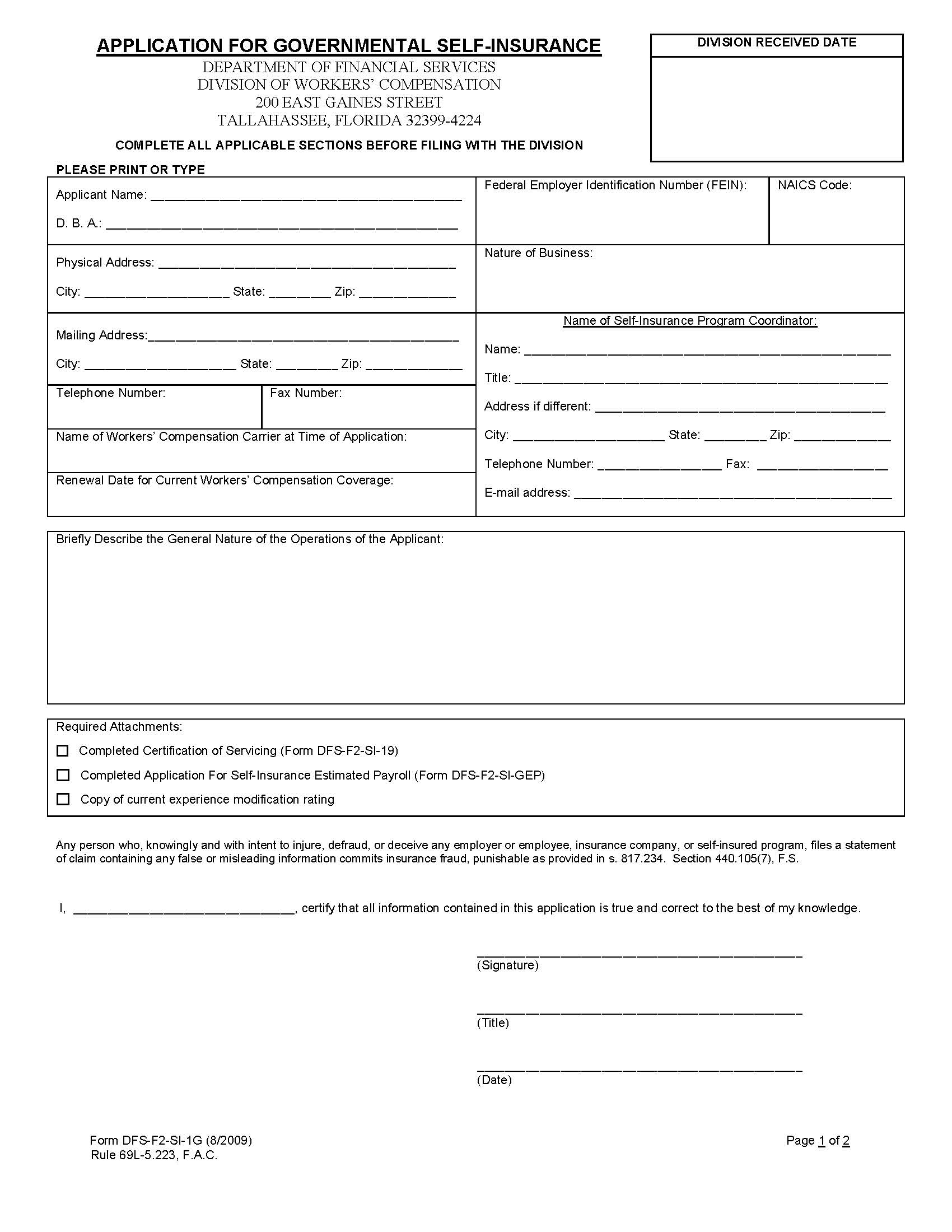 Application For Governmental Self-Insurance {SI-1g} | Pdf Fpdf Docx | Florida