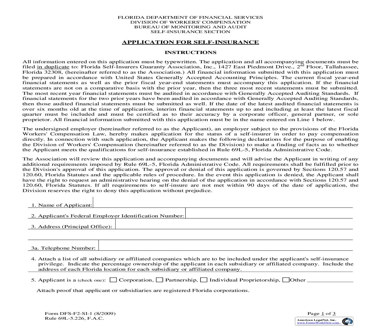 Application For Self-Insurance {SI-1} | Pdf Fpdf Doc Docx | Florida