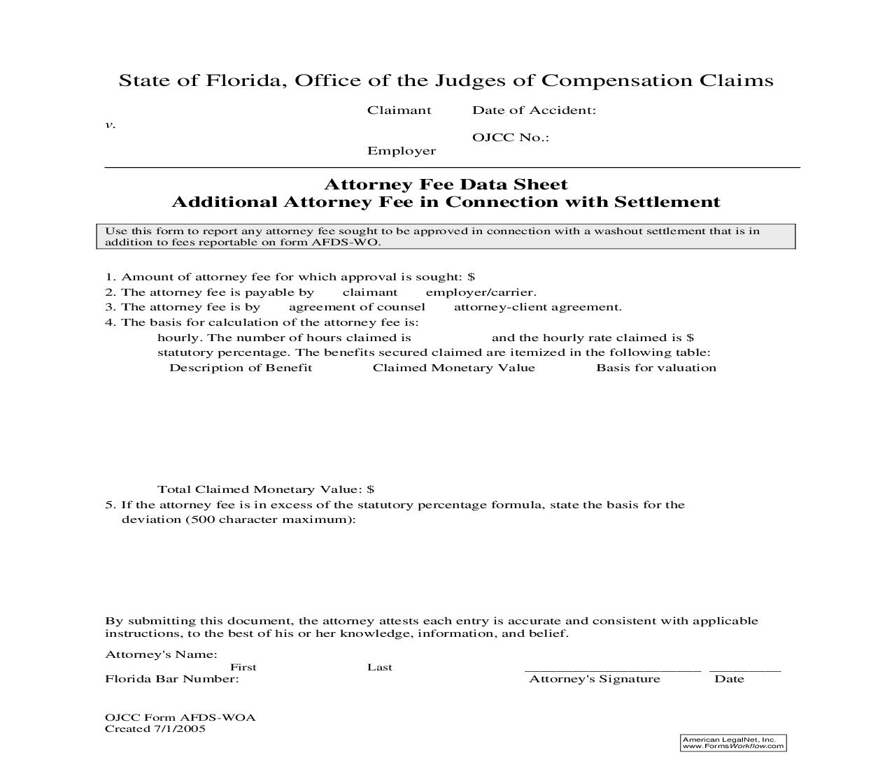 Attorney Fee Data Sheet Additional Attorney Fee In Connection With Settlement | Pdf Fpdf Doc Docx | Florida