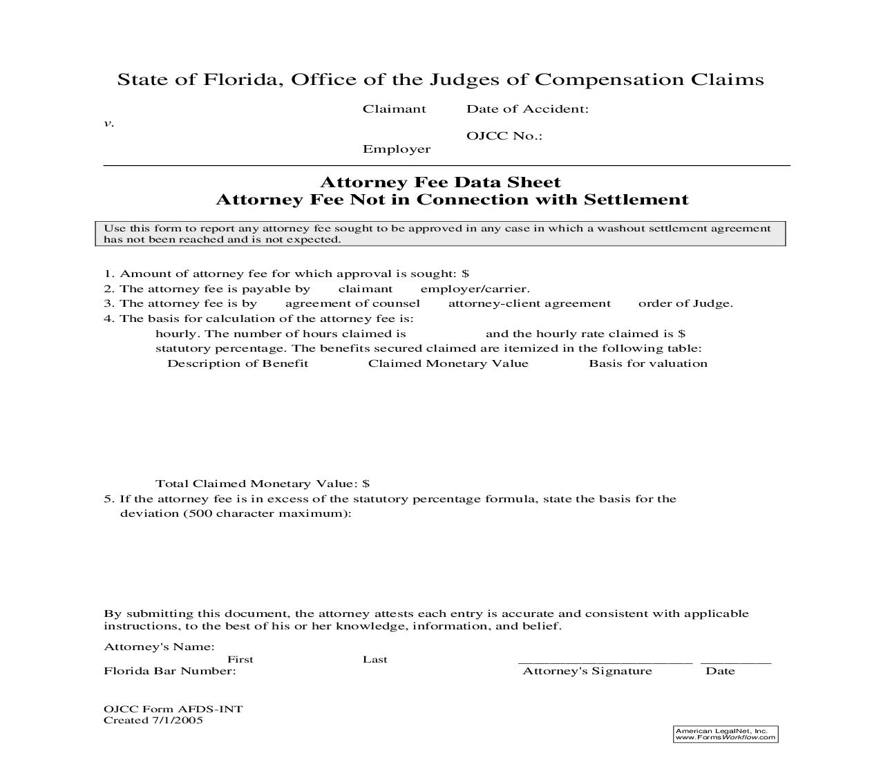 Attorney Fee Data Sheet Attorney Fee Not In Connection With Settlement | Pdf Fpdf Doc Docx | Florida