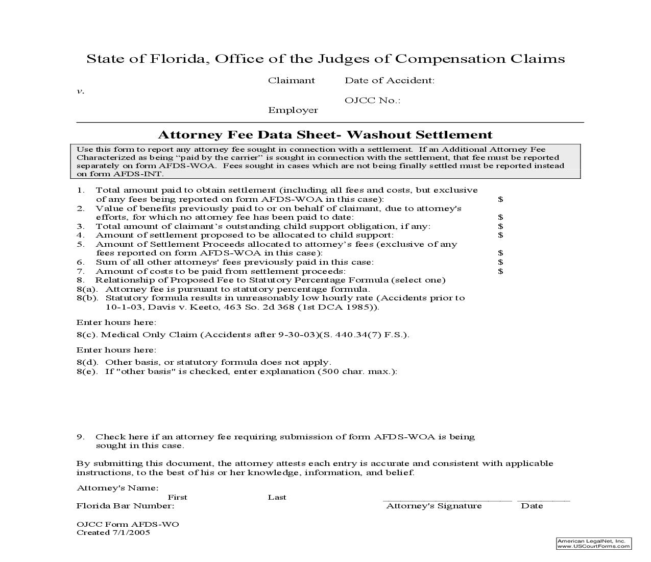 Attorney Fee Data Sheet-Washout Settlement | Pdf Fpdf Doc Docx | Florida