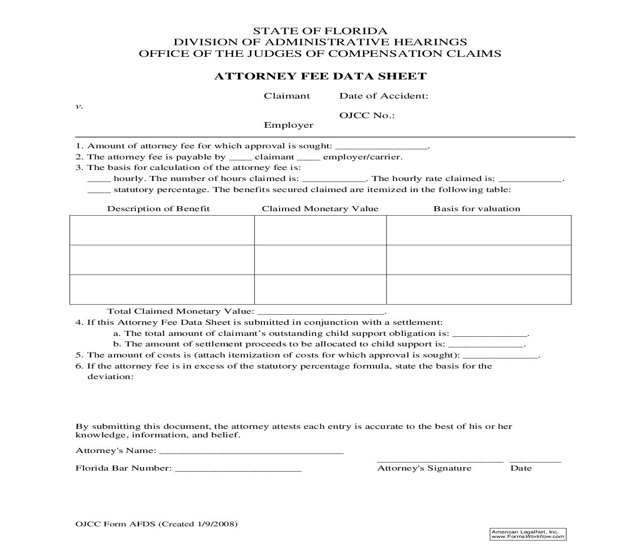 Attorney Fee Data Sheet | Pdf Fpdf Doc Docx | Florida