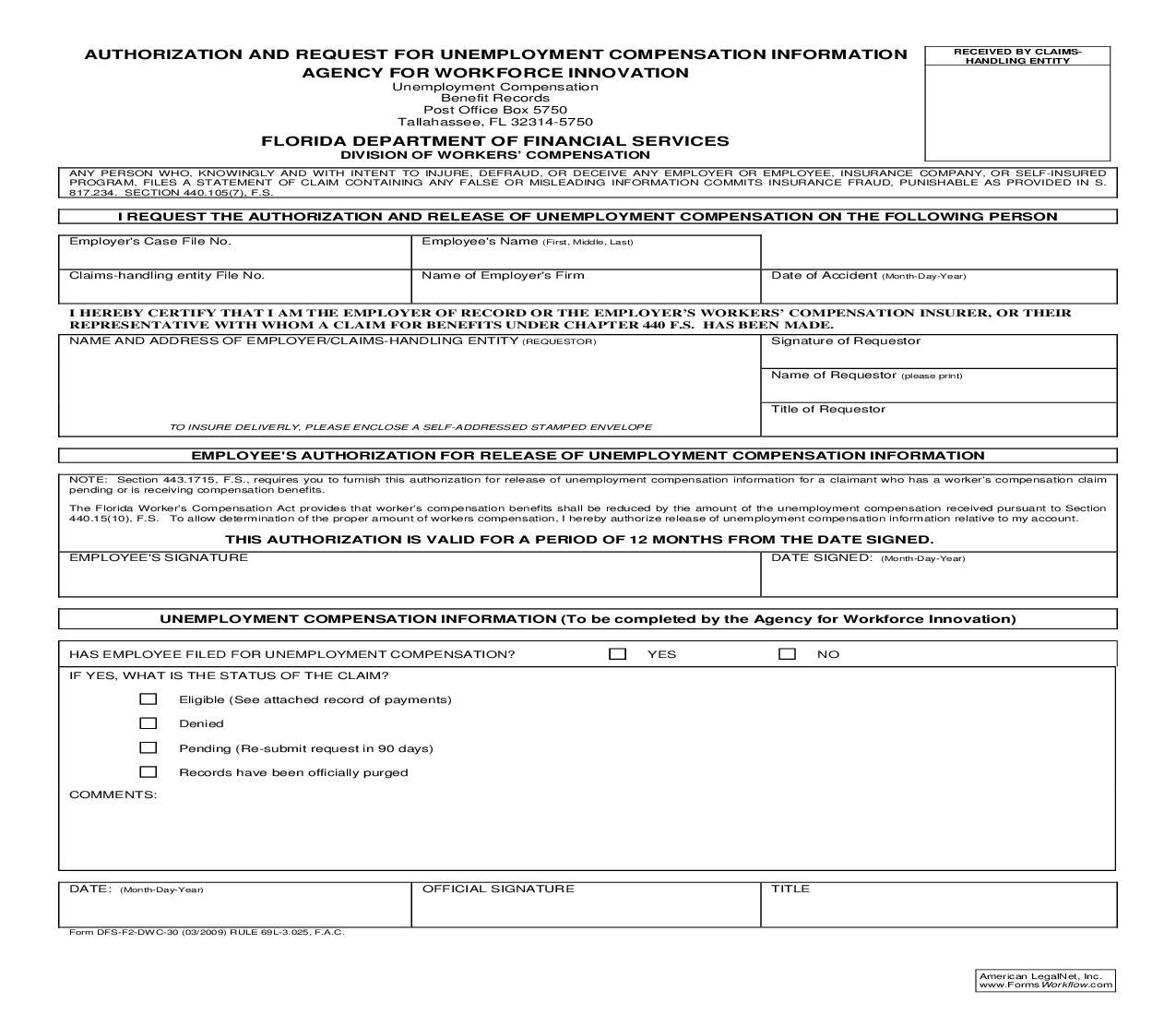 Authorization And Request For Unemployment Compensation Information {DWC-30} | Pdf Fpdf Doc Docx | Florida