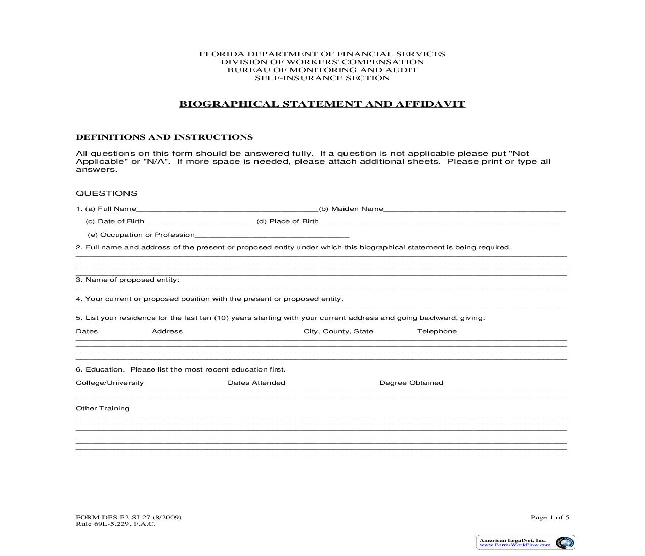 Biographical Statement And Affidavit {SI-27} | Pdf Fpdf Doc Docx | Florida
