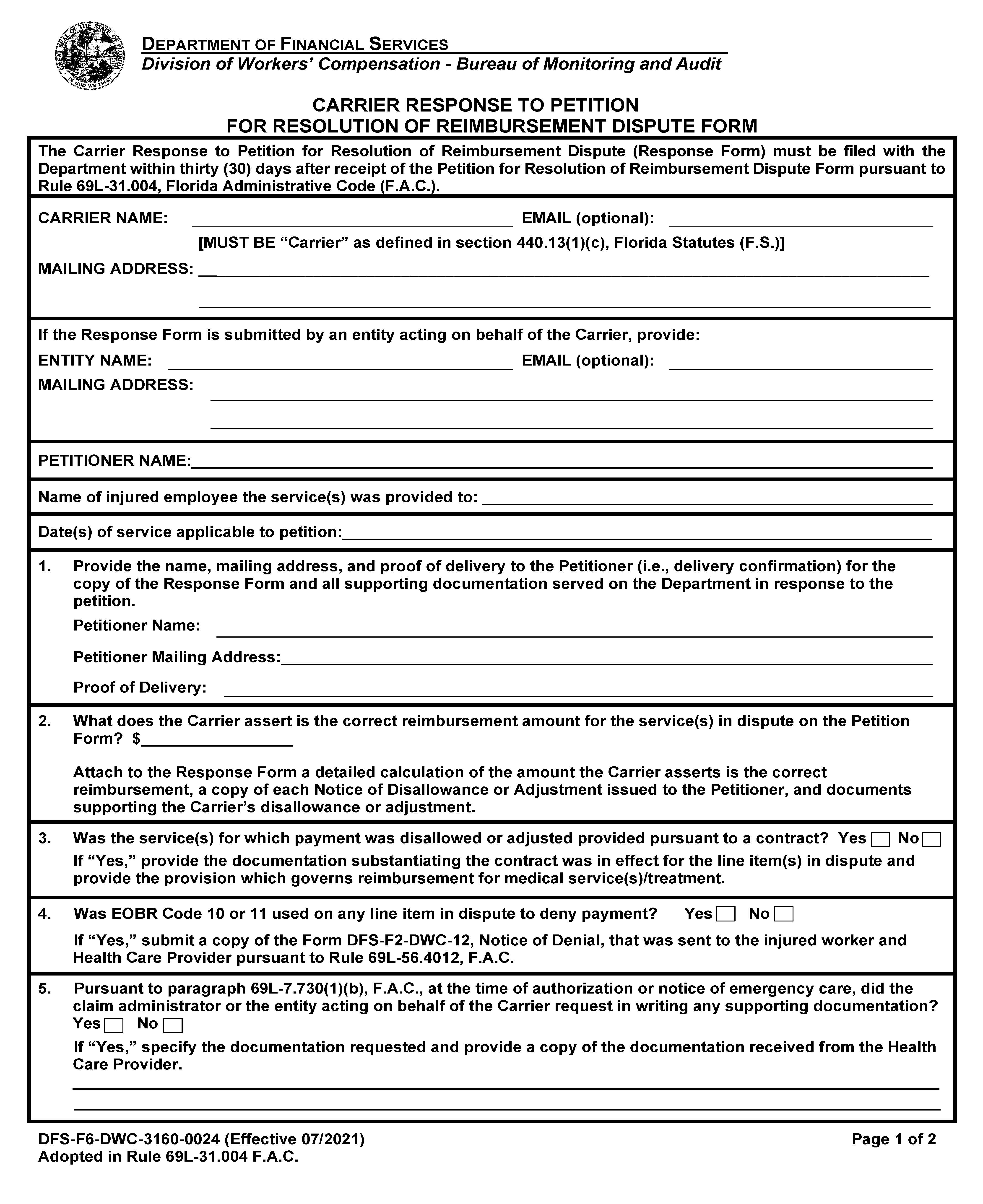 Carrier Response To Petition For Resolution Of Reimbursement Dispute {DFS Form 3160-0024} | Pdf Fpdf Doc Docx | Florida