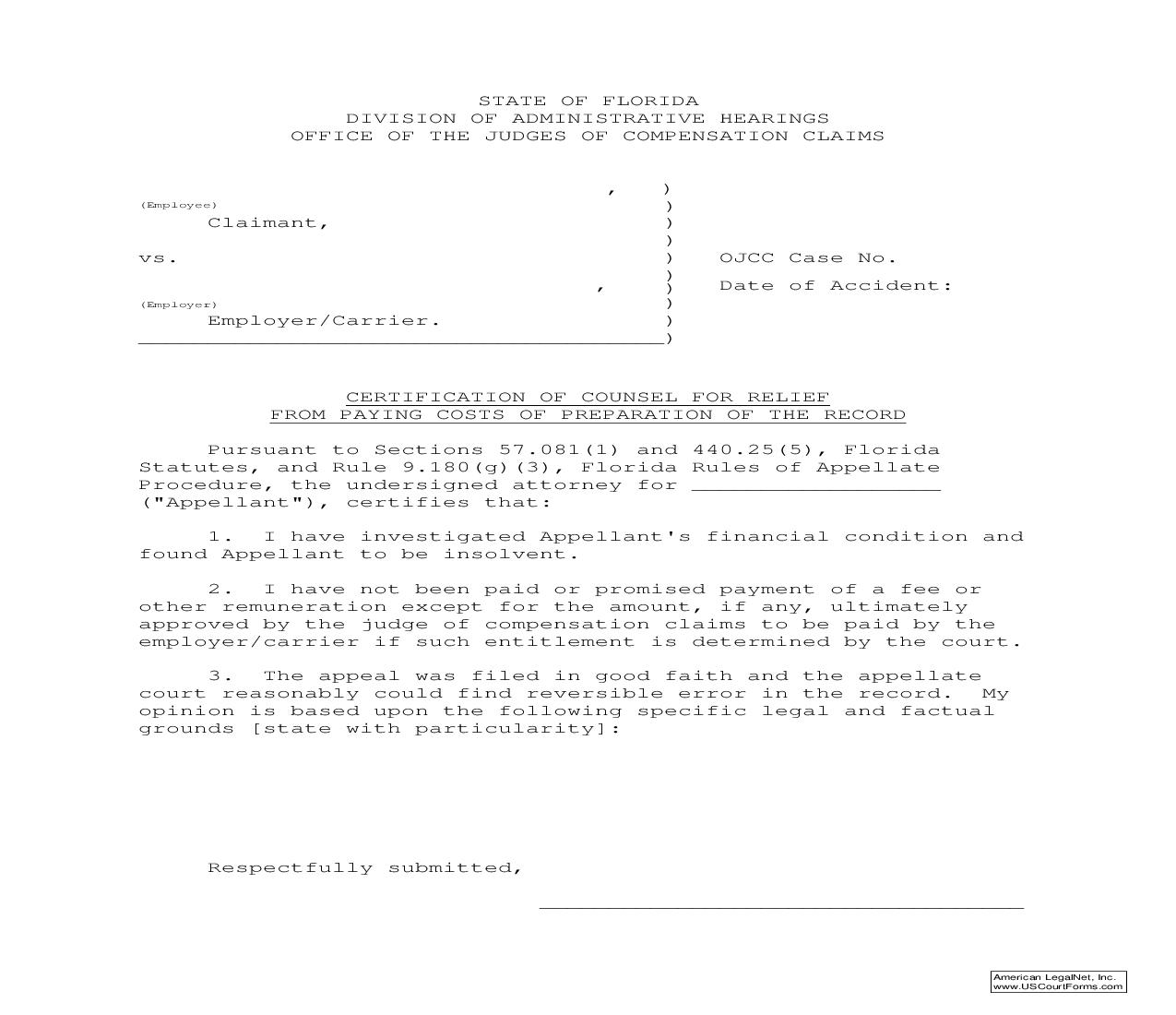 Certification Of Counsel  For Relief From Paying Costs | Pdf Fpdf Doc Docx | Florida