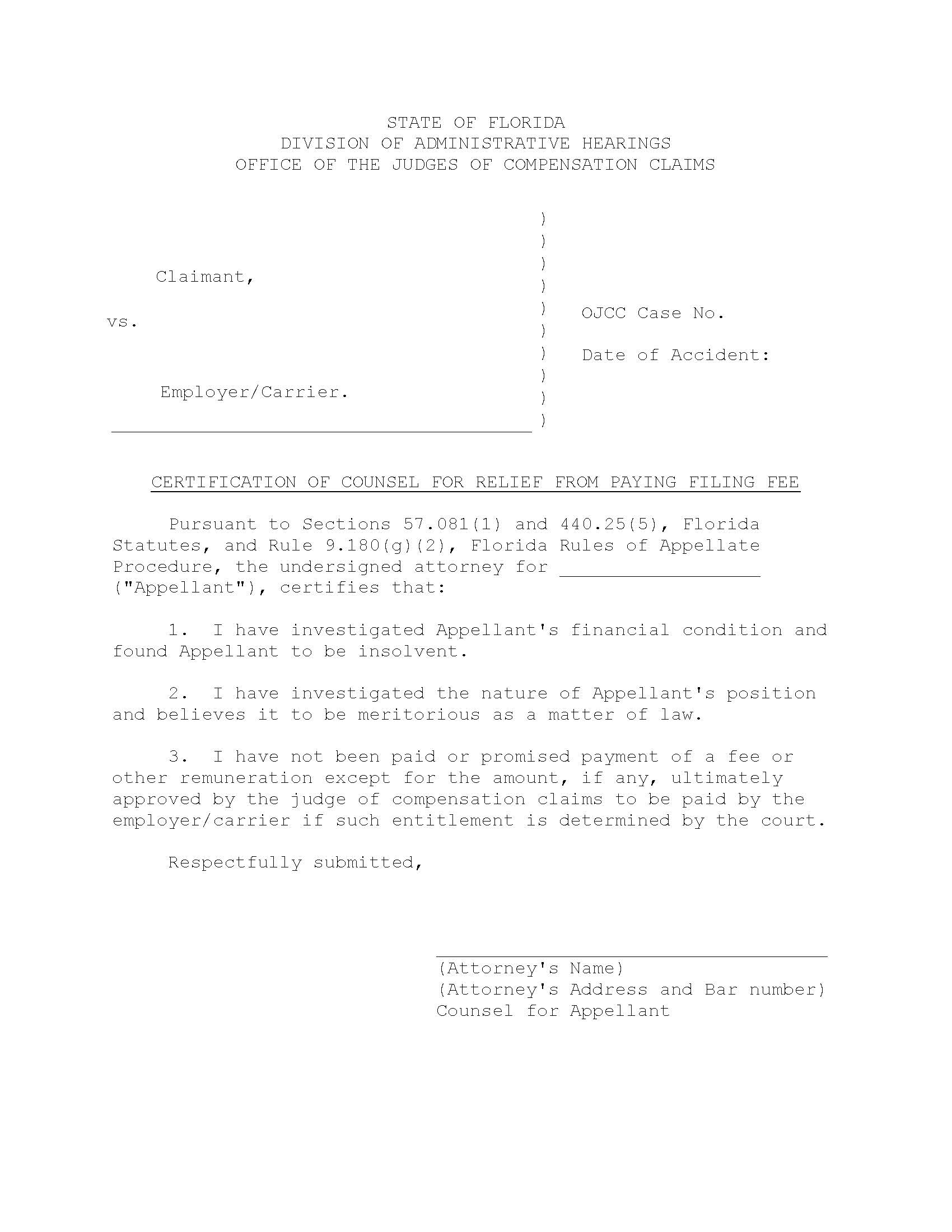 Certification Of Counsel  For Relief From Paying Filing Fee | Pdf Fpdf Doc Docx | Florida