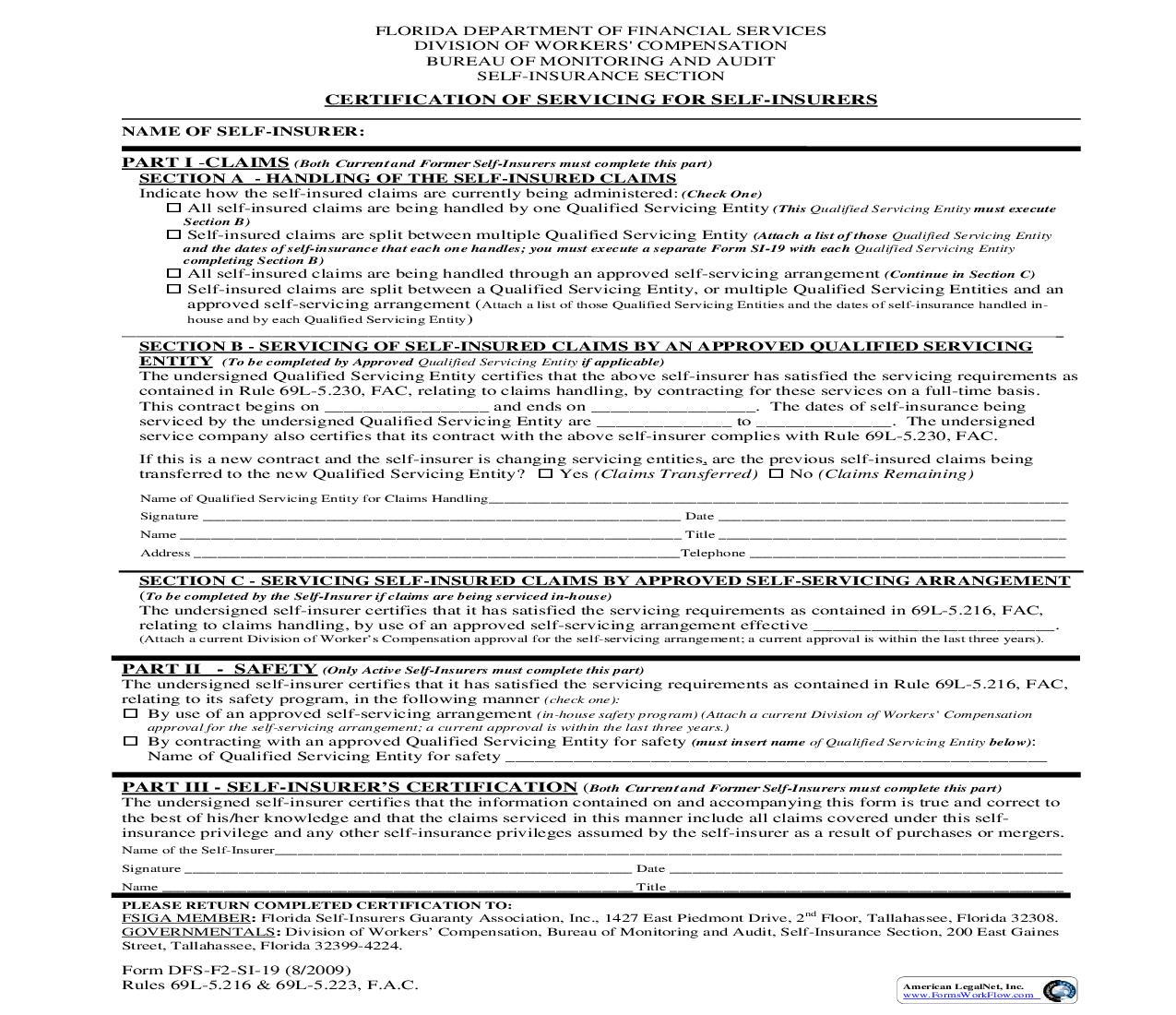 Certification Of Servicing For Self-Insurers {SI-19} | Pdf Fpdf Doc Docx | Florida