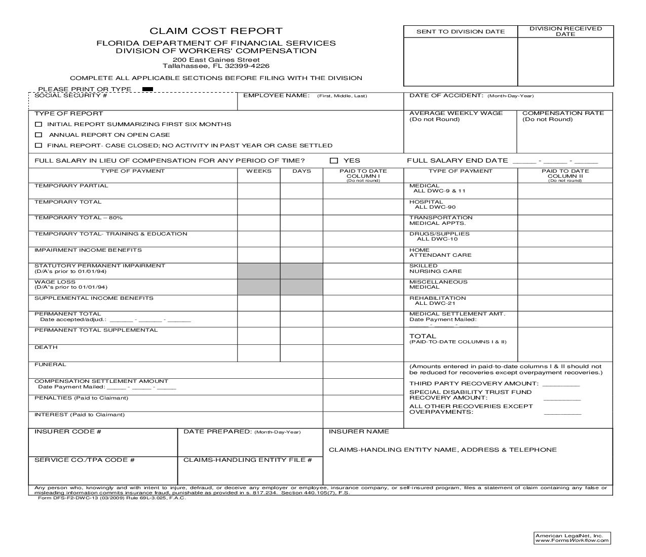 Claim Cost Report {DWC-13} | Pdf Fpdf Doc Docx | Florida