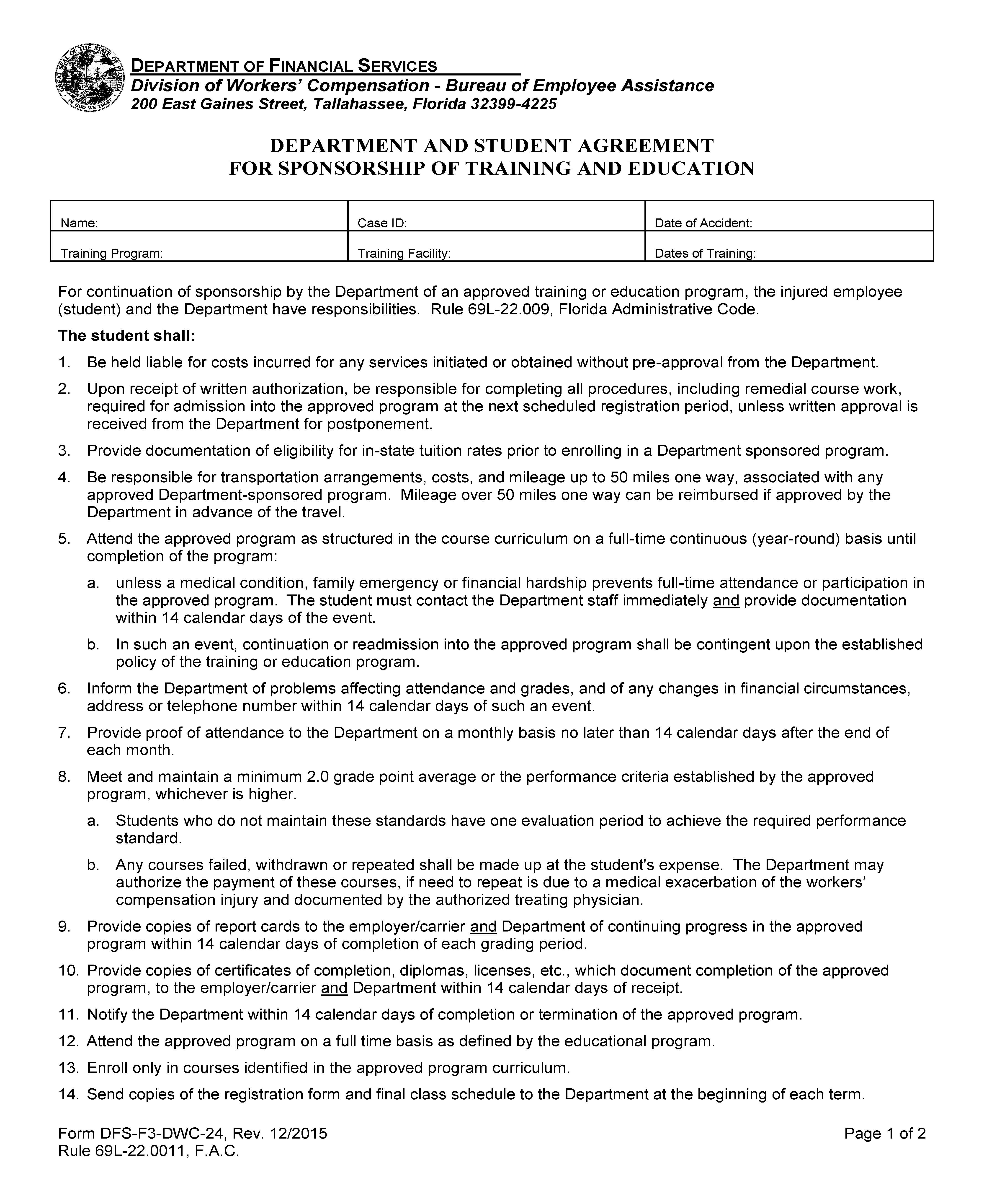 Department And Student Agreement For Sponsorship Of Training And Education {DWC-24} | Pdf Fpdf Doc Docx | Florida