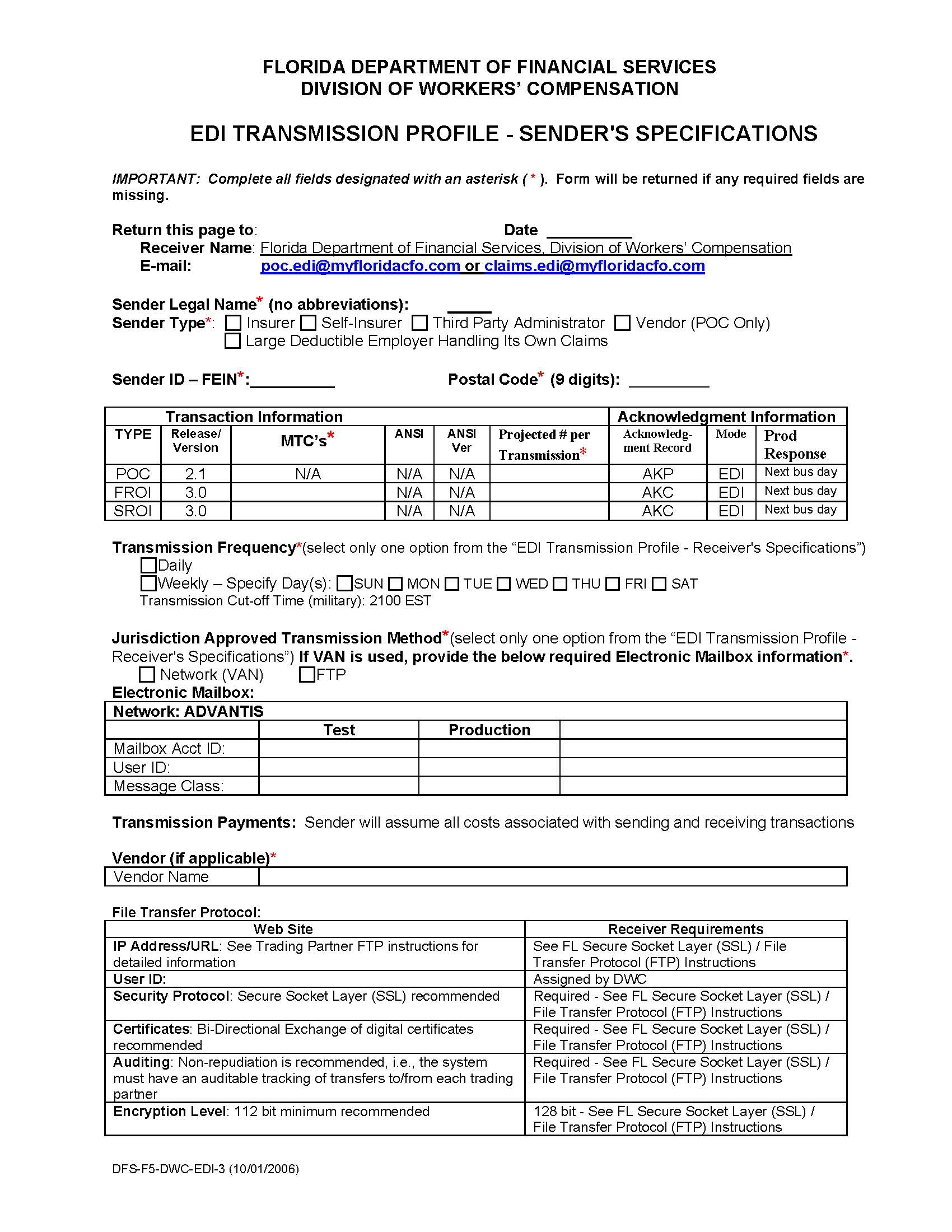 EDI Transmission Profile-Sender Specifications {EDI-3} | Pdf Fpdf Doc Docx | Florida
