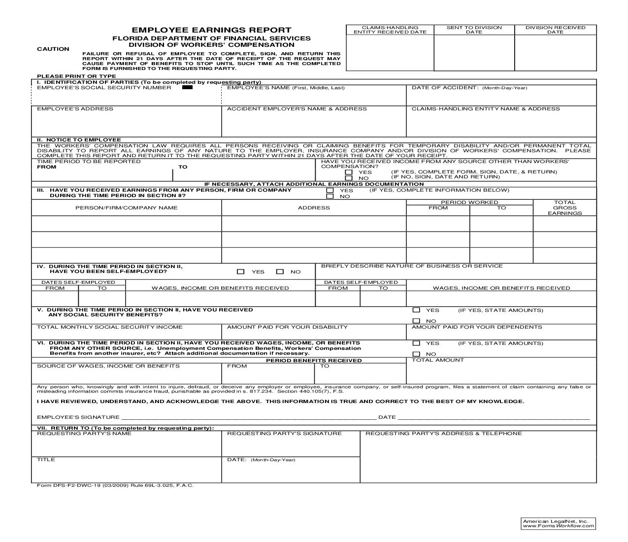 Employee Earnings Report {DWC-19} | Pdf Fpdf Doc Docx | Florida